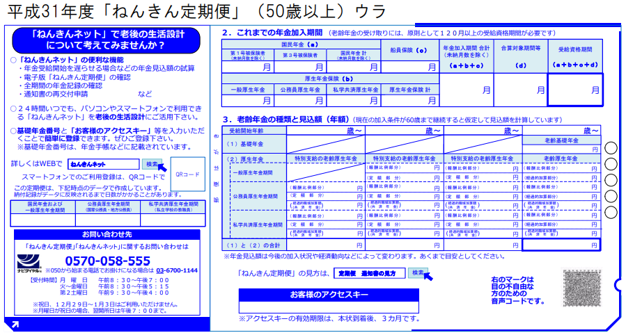 ねんきん定期便（ハガキ）50歳以上・裏