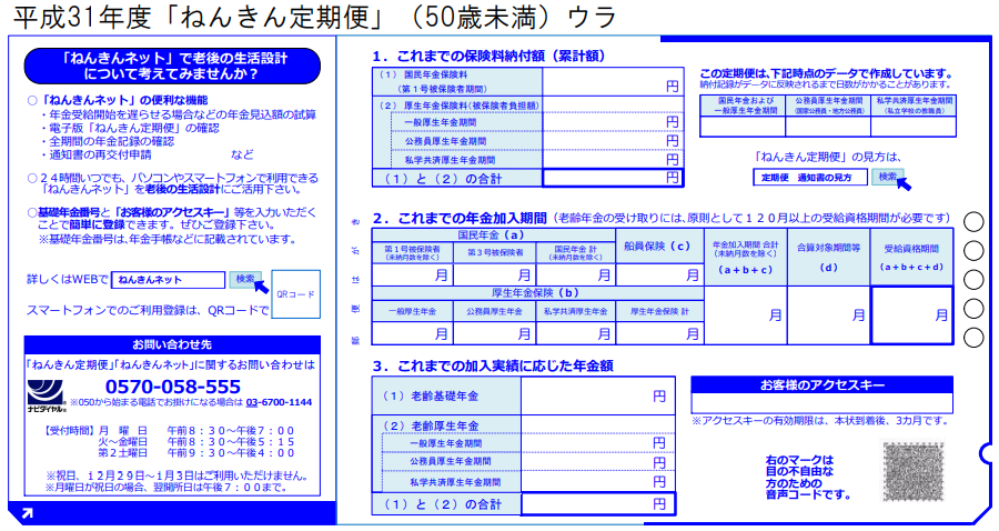 ねんきん定期便（ハガキ）50歳未満・裏